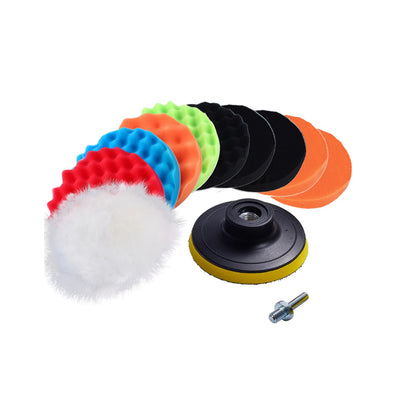 Set 12 piese polish auto profesional cu taler M14, discuri de burete 15 cm, lana si adaptor pentru bormasina